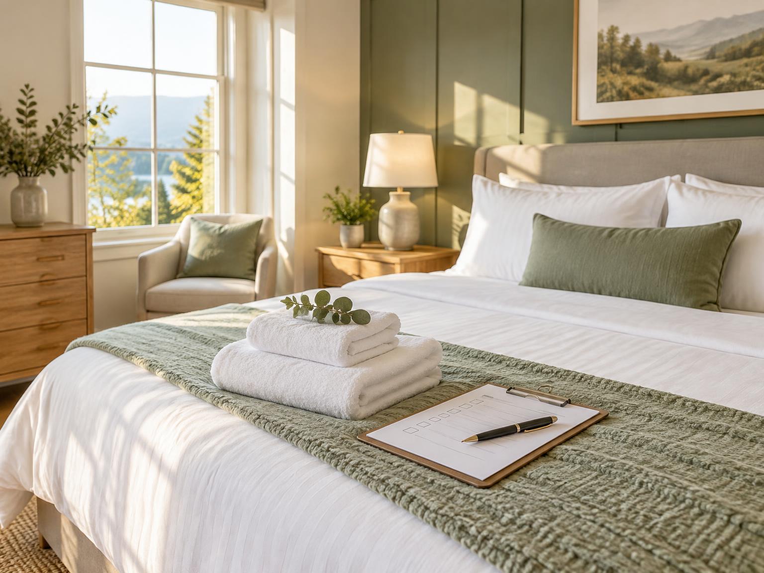 A freshly turned-over vacation rental bedroom with folded towels and a cleaning checklist on the bed